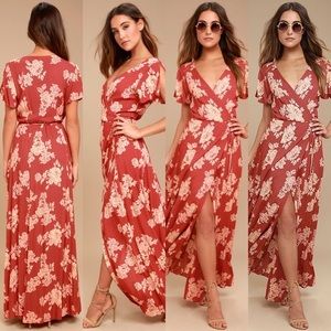 Lulu’s Red Rust Floral Wrap Maxi Dress